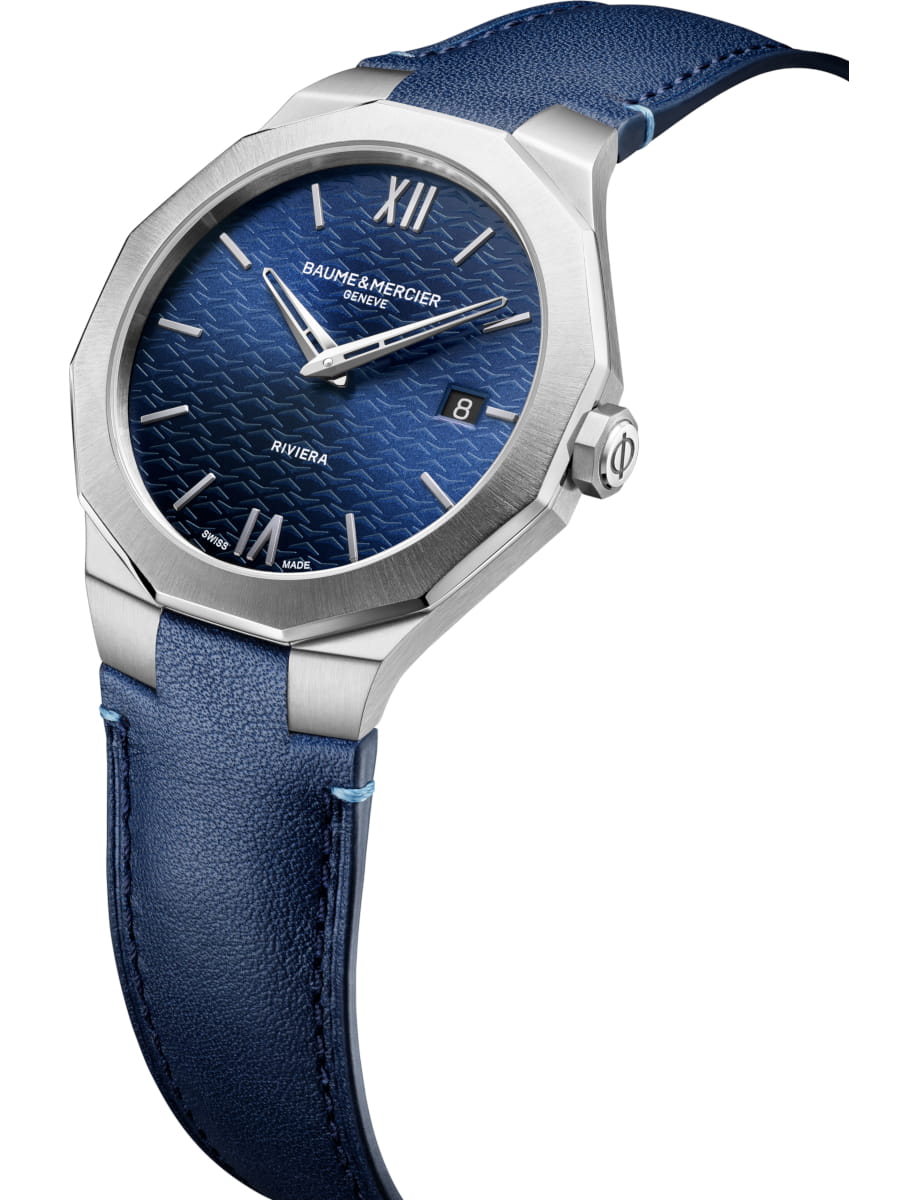 Side view of Baume & Mercier wristwatch with stainless steel case, blue dial and blue calfskin leather strap