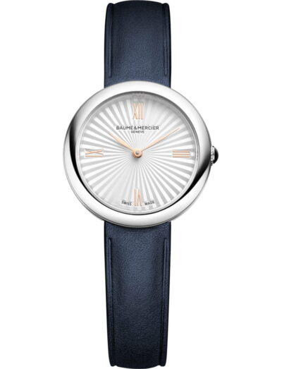 Baume & Mercier wristwatch with stainless steel case, silver dial and blue calfksin leather strap