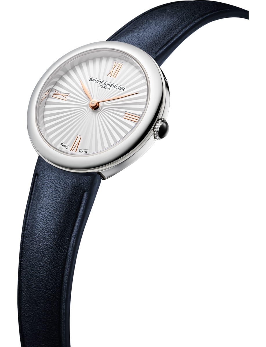 Side view of Baume & Mercier wristwatch with stainless steel case, silver dial and blue calfksin leather strap