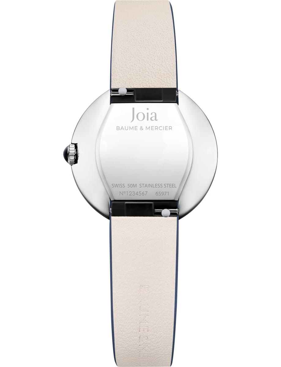 Back view of Baume & Mercier wristwatch with stainless steel case, silver dial and blue calfksin leather strap