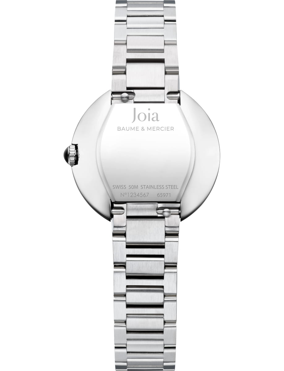 Back view of Baume & Mercier wristwatch with stainless steel case and bracelet and silver dial