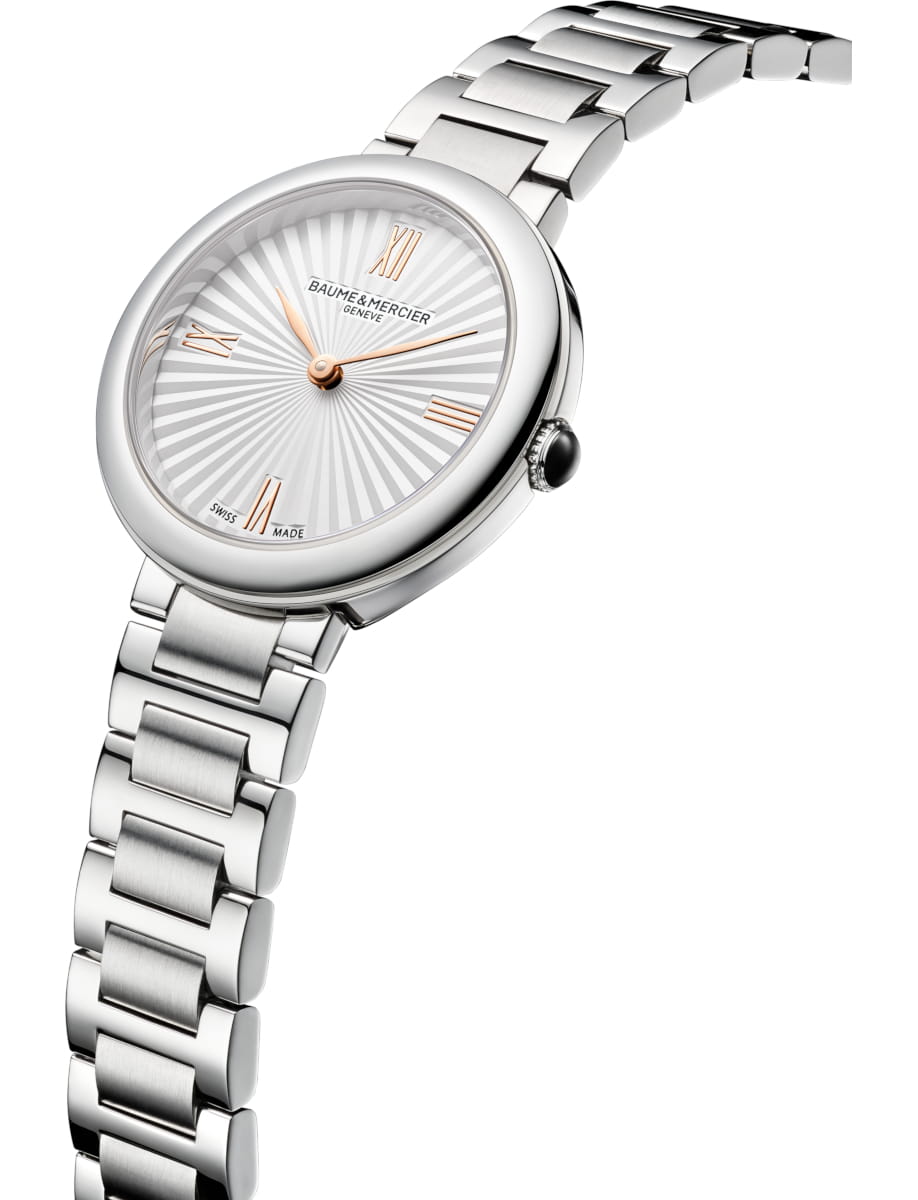 Side view of Baume & Mercier wristwatch with stainless steel case and bracelet and silver dial