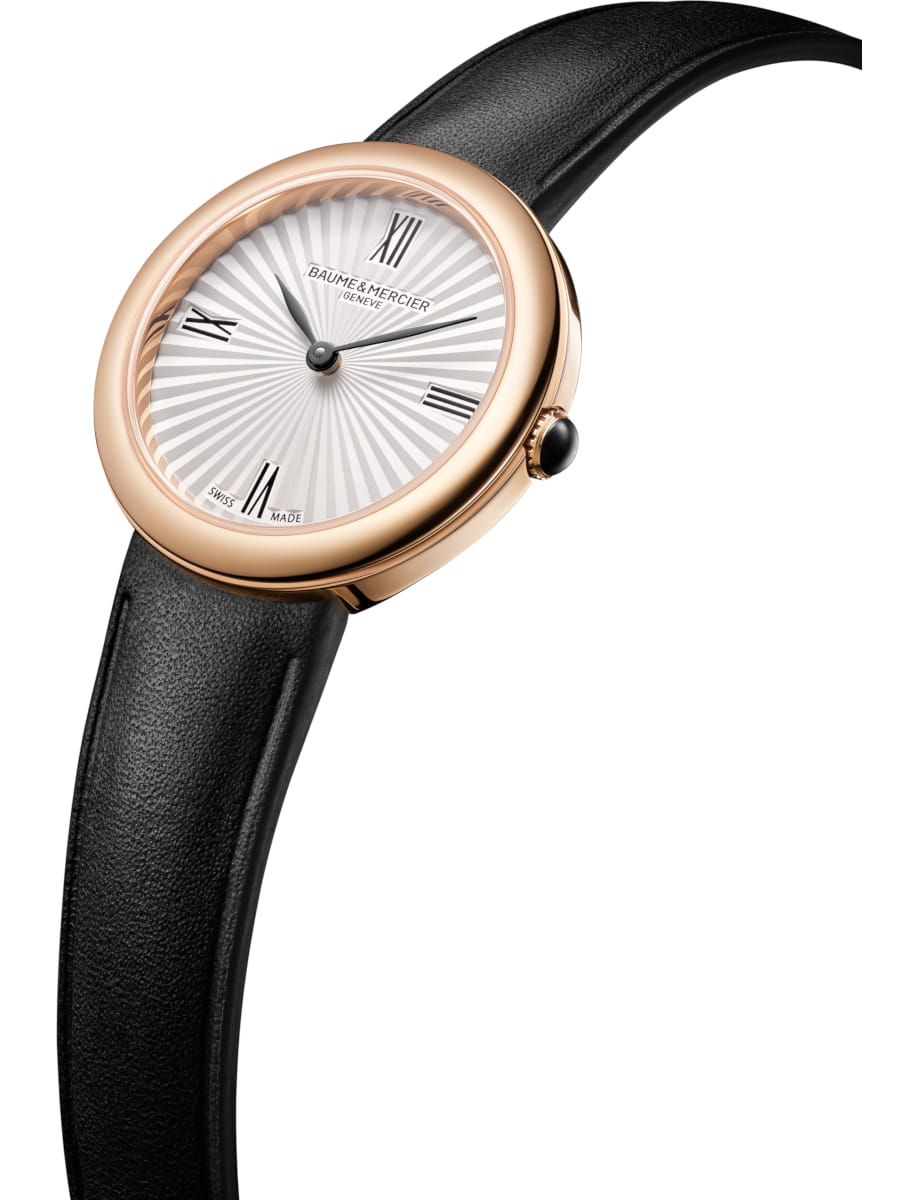 Side view of Baume & Mercier wristwatch with stainless steel case, silver dial and black calfskin leather strap