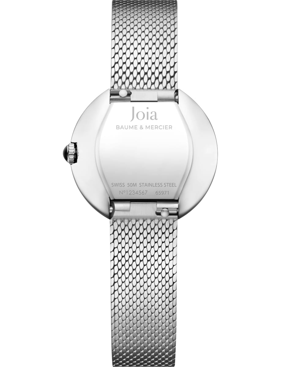 Back view of Baume & Mercier wristwatch with stainless steel case and bracelet and silver dial