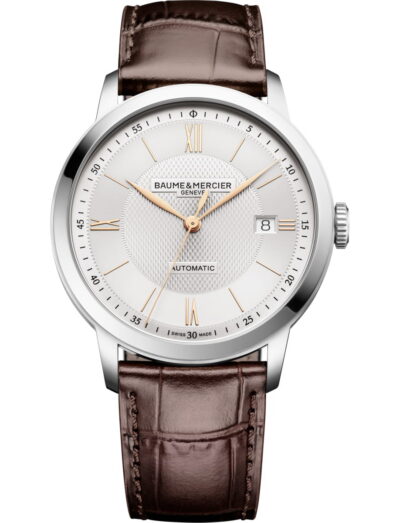 Baume & Mercier wristwatch with stainless steel case, silver dial and calfskin leather strap