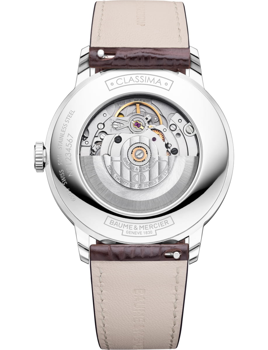 Back view of Baume & Mercier wristwatch with stainless steel case, silver dial and calfskin leather strap