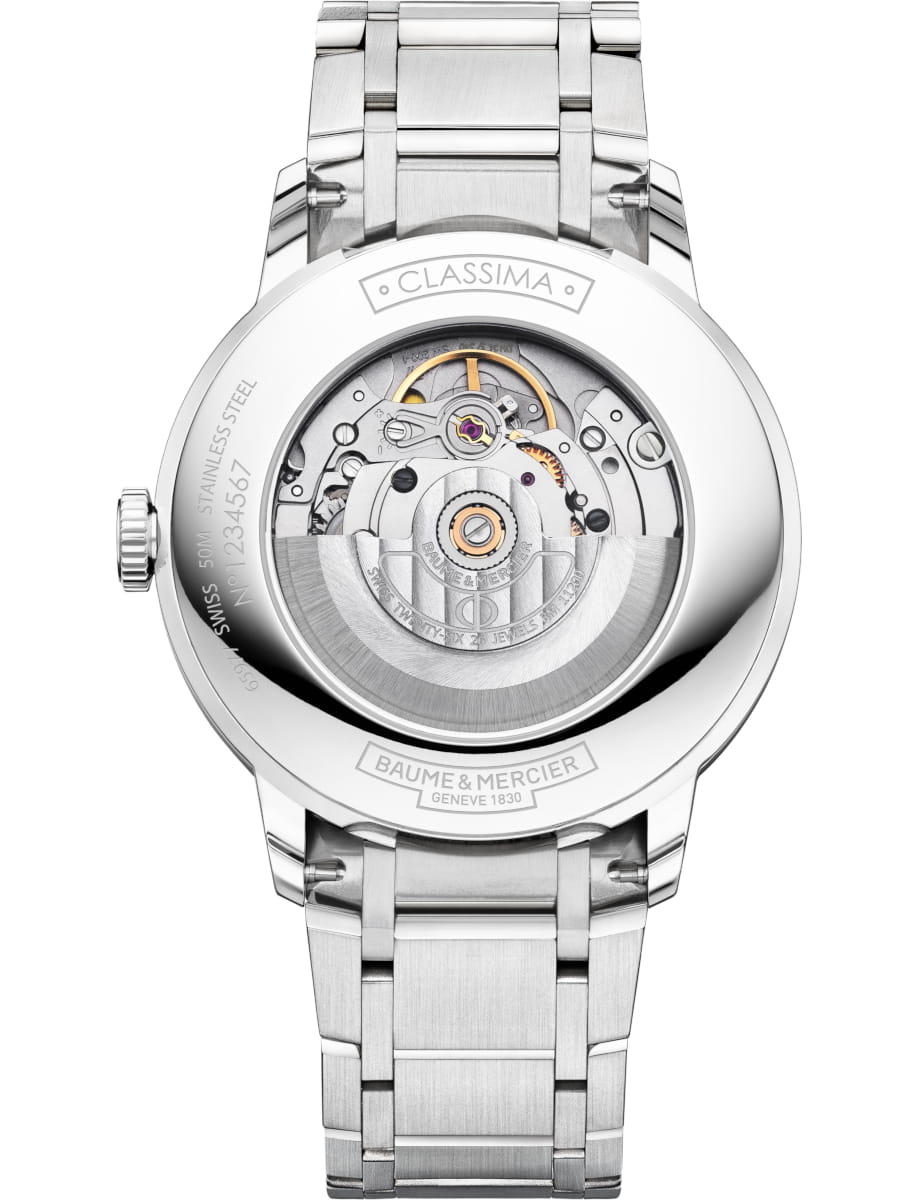 Back view of Baume & Mercier wristwatch with stainless steel case and bracelet and silver dial