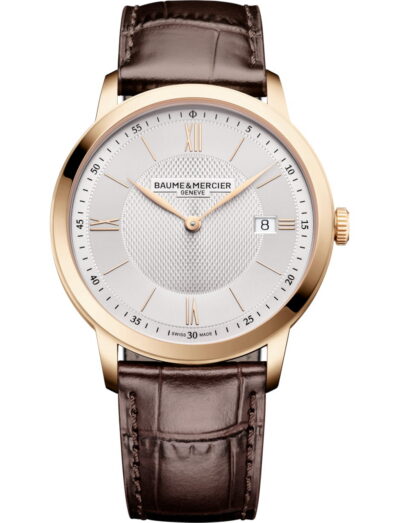 Baume & Mercier wristwatch with PVD stainless steel case, silver dial and domestic calf leather strap
