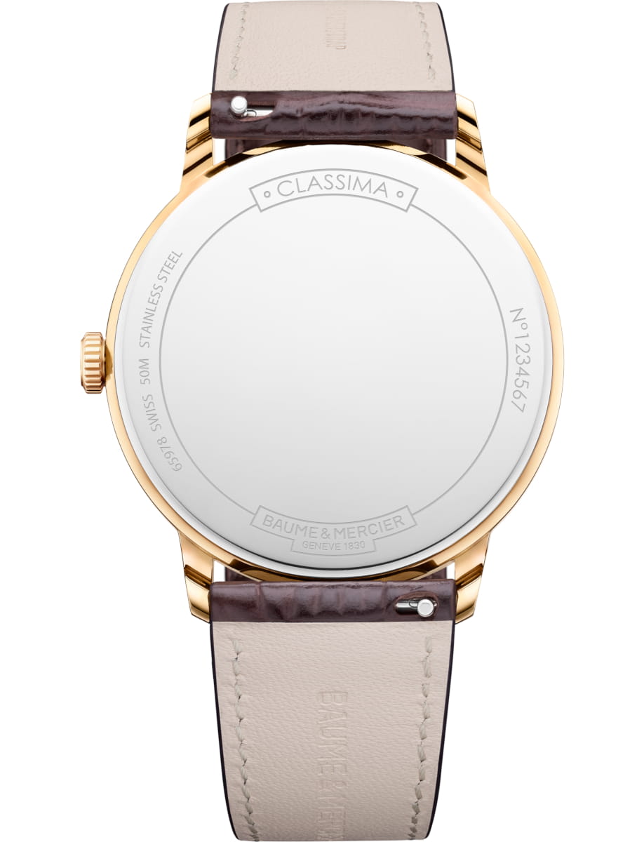 Back view of Baume & Mercier wristwatch with PVD stainless steel case, silver dial and domestic calf leather strap