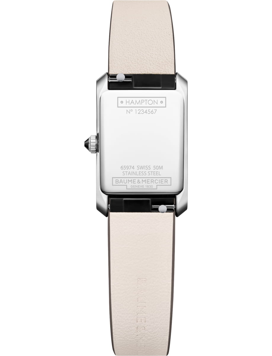Back view of Baume & Mercier wristwatch with stainless steel case, warm silver dial and caflskin leather strap