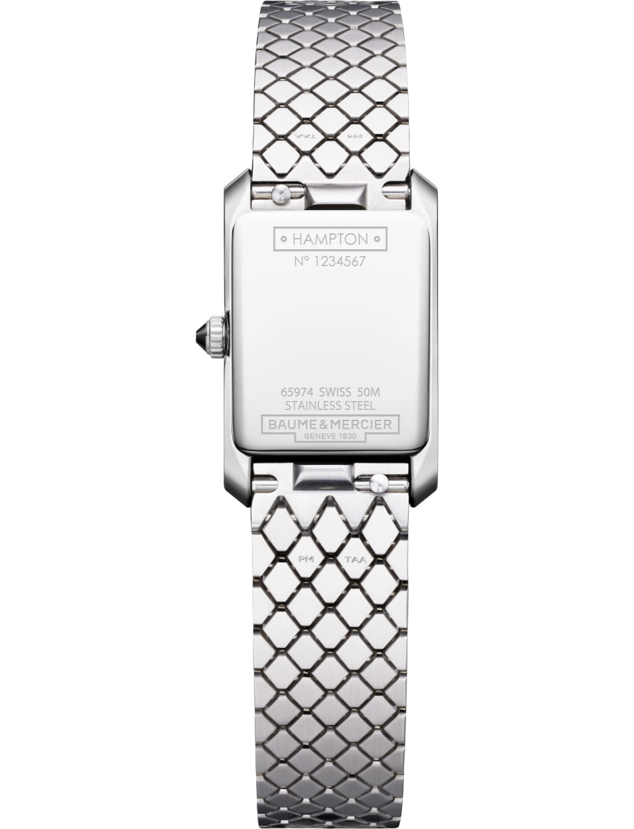Back view of Baume & Mercier wristwatch with stainless steel case and bracelet and warm silver dial