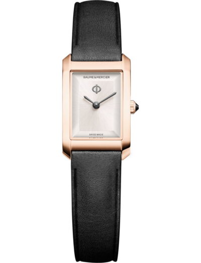 Baume & Mercier wristwatch with stainless steel case, warm silver dial and black calfskin leather strap
