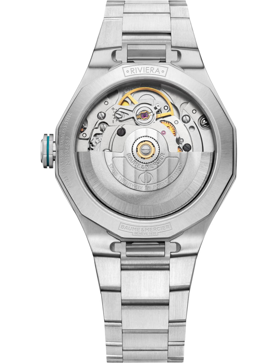 Back view of Baume & Mercier wristwatch with stainless steel case and bracelet and green dial