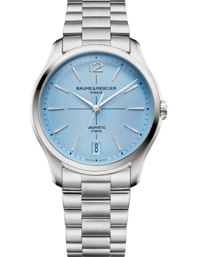 Baume & Mercier wristwatch with stainless steel case and bracelet and ice blue dial