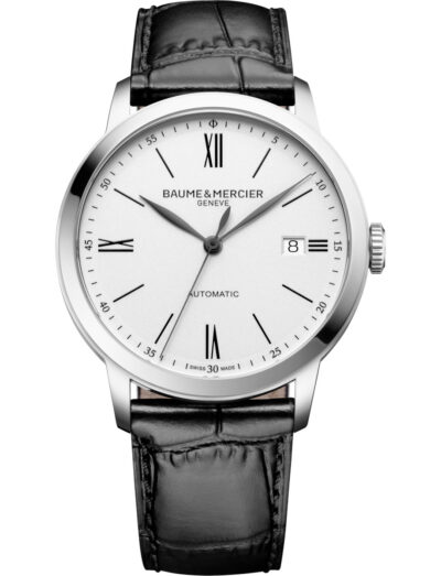 Baume & Mercier wristwatch with stainless steel case, white dial and calfskin leather strap