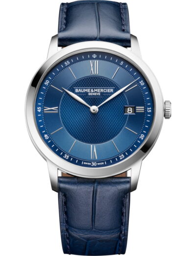 Baume & Mercier wristwatch with stainless steel case, blue dial and blue calfskin leather strap
