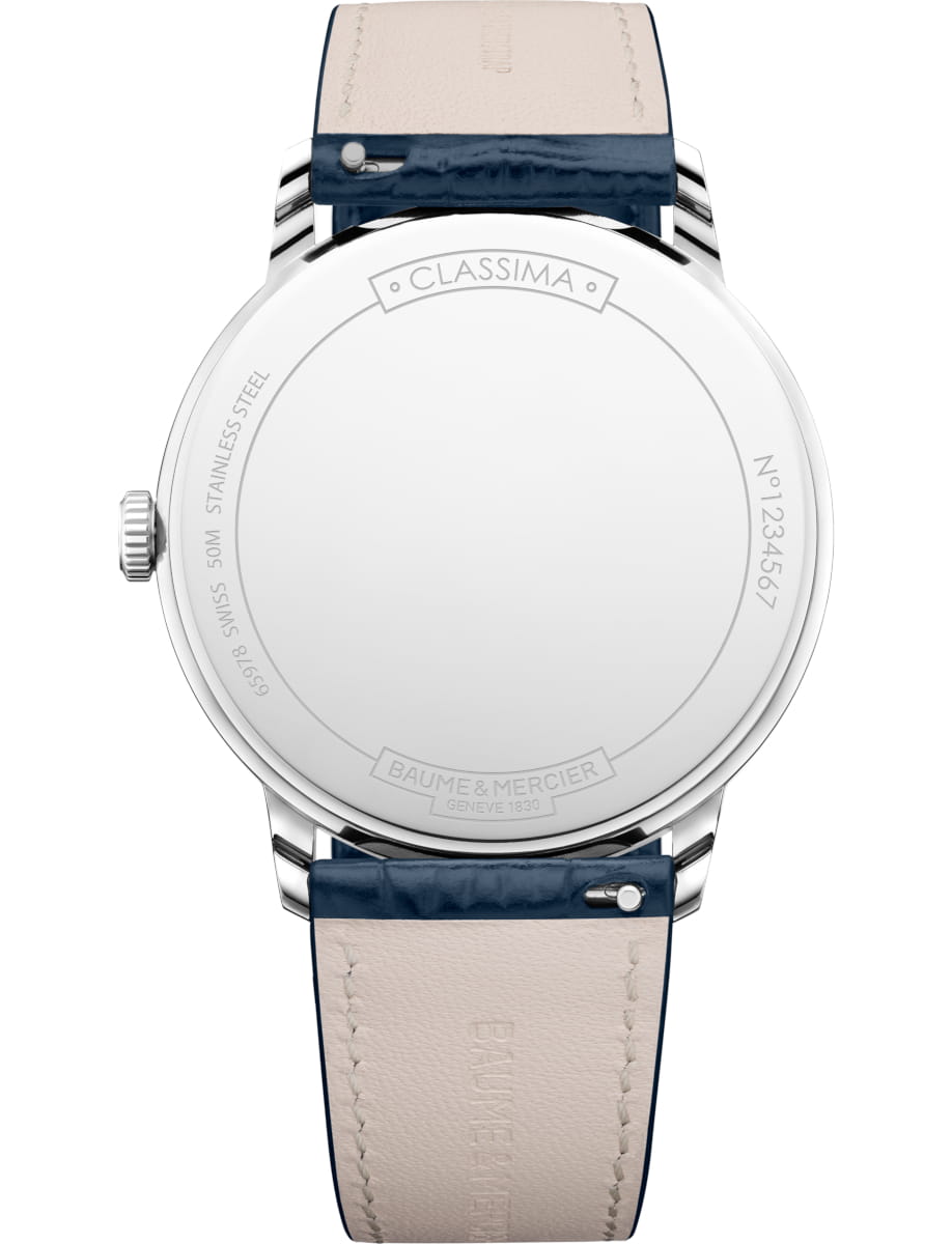 Back view of Baume & Mercier wristwatch with stainless steel case, blue dial and blue calfskin leather strap