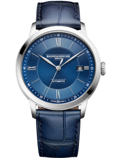 Baume & Mercier wristwatch with stainless steel case, blue dial and blue calfskin leather