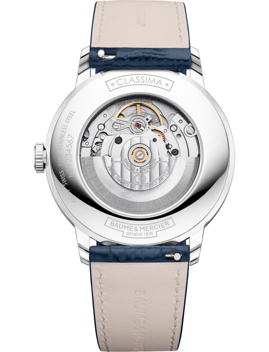 Back view of Baume & Mercier wristwatch with stainless steel case, blue dial and blue calfskin leather