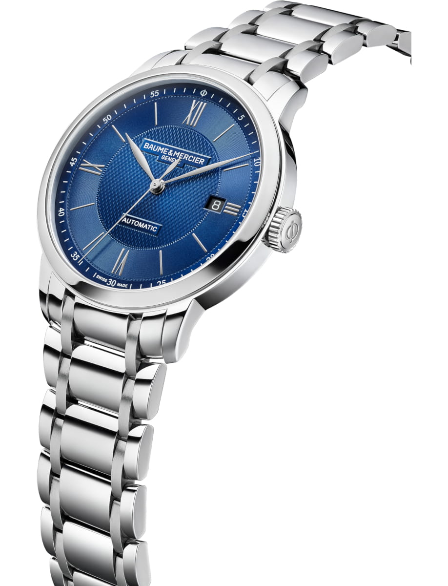 Side view of Baume & Mercier wristwatch with stainless steel case and bracelet and blue dial