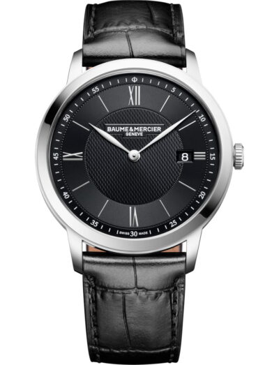 Baume & Mercier wristwatch with stainless steel case, black dial and black calfskin leather strap