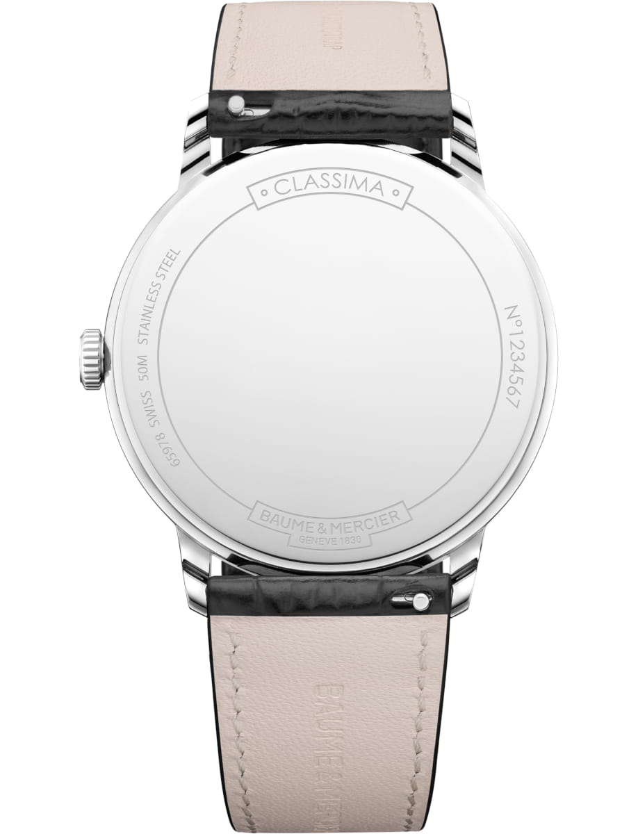 Back view of Baume & Mercier wristwatch with stainless steel case, black dial and black calfskin leather strap