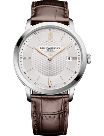 Baume & Mercier wristwatch with stainless steel case, silver dial and brown calfskin leather strap