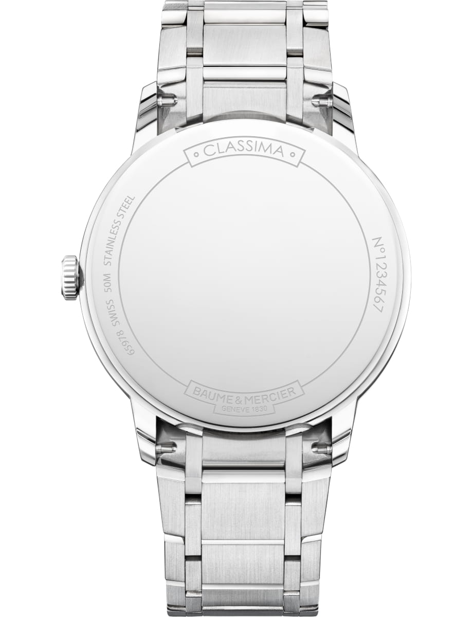 Back view of Baume & Mercier wristwatch with stainless steel case and bracelet and silver dial