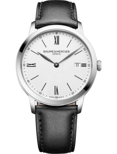 Baume & Mercier wristwatch with stainless steel case, white dial and black calfksin leather strap
