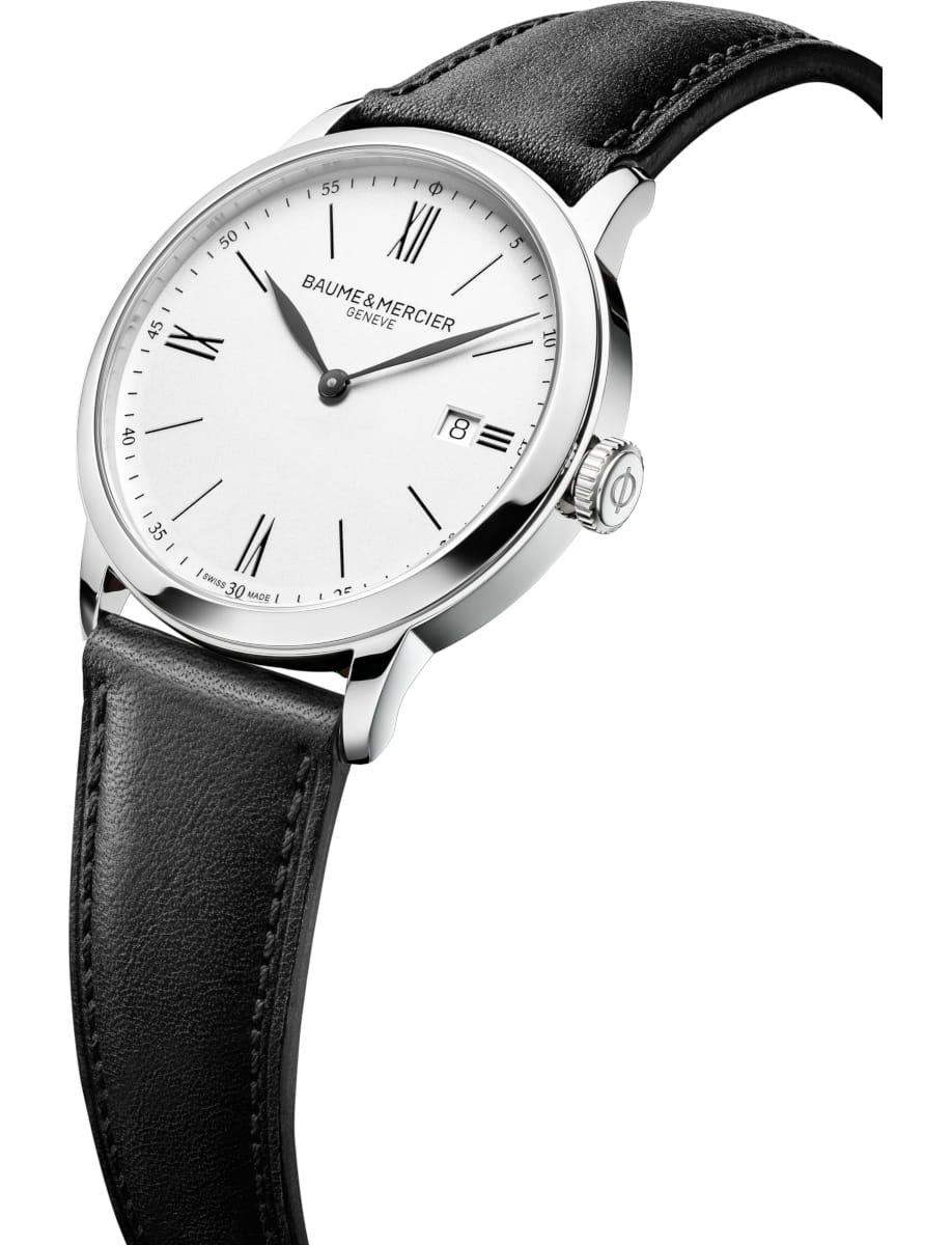 Side view of Baume & Mercier wristwatch with stainless steel case, white dial and black calfksin leather strap