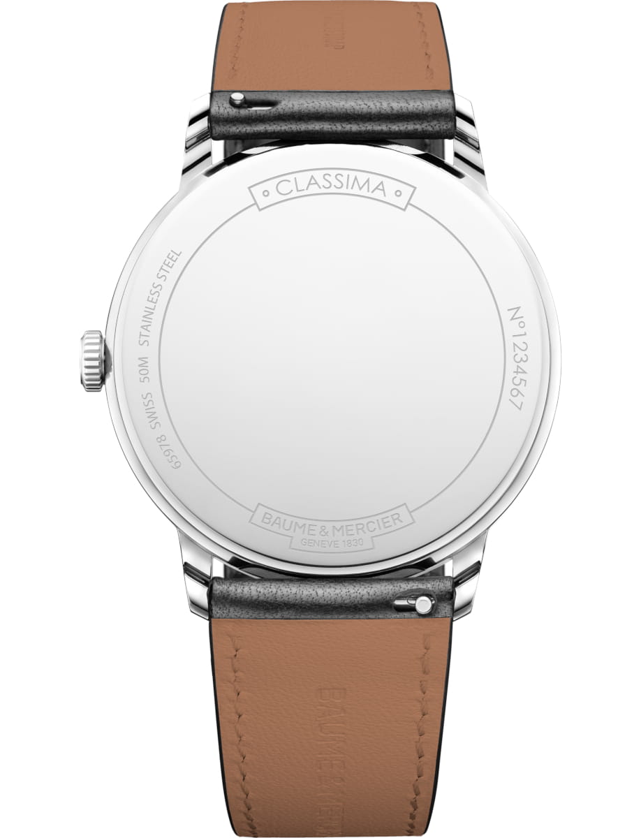 Back view of Baume & Mercier wristwatch with stainless steel case, white dial and black calfksin leather strap