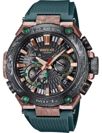 G-Shock wristwatch with titanium case, black dial, and dark green Dura Soft rubber strap. | Feldmar Watch Co. G-Shock wristwatch with titanium case, black dial, and dark green Dura Soft rubber strap.
