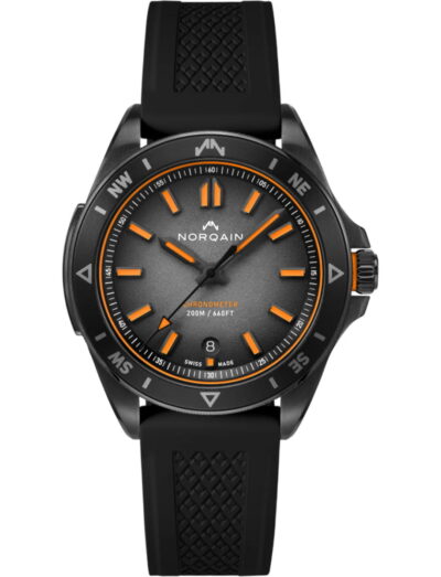 Norqain wristwatch with stainless steel case, black dial and black rubber strap | Feldmar Watch Co. Norqain wristwatch with stainless steel case, black dial and black rubber strap