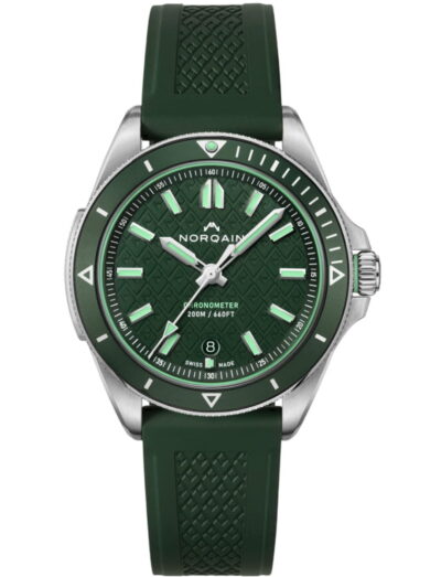 Norqain wristwatch with stainless steel case, green dial and dark green rubber strap
