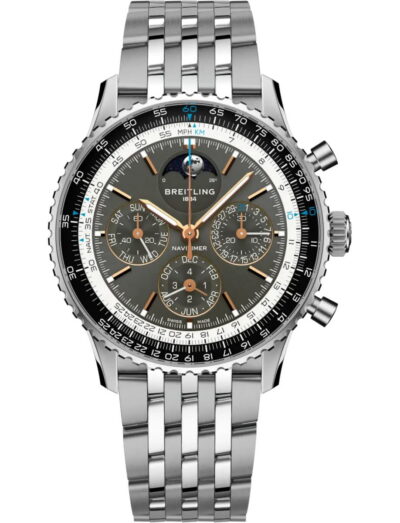 Breitling Navitimer wristwatch with stainless steel case and bracelet, platinum bezel, and anthracite dial. | Feldmar Watch Co. Breitling Navitimer wristwatch with stainless steel case and bracelet, platinum bezel, and anthracite dial.