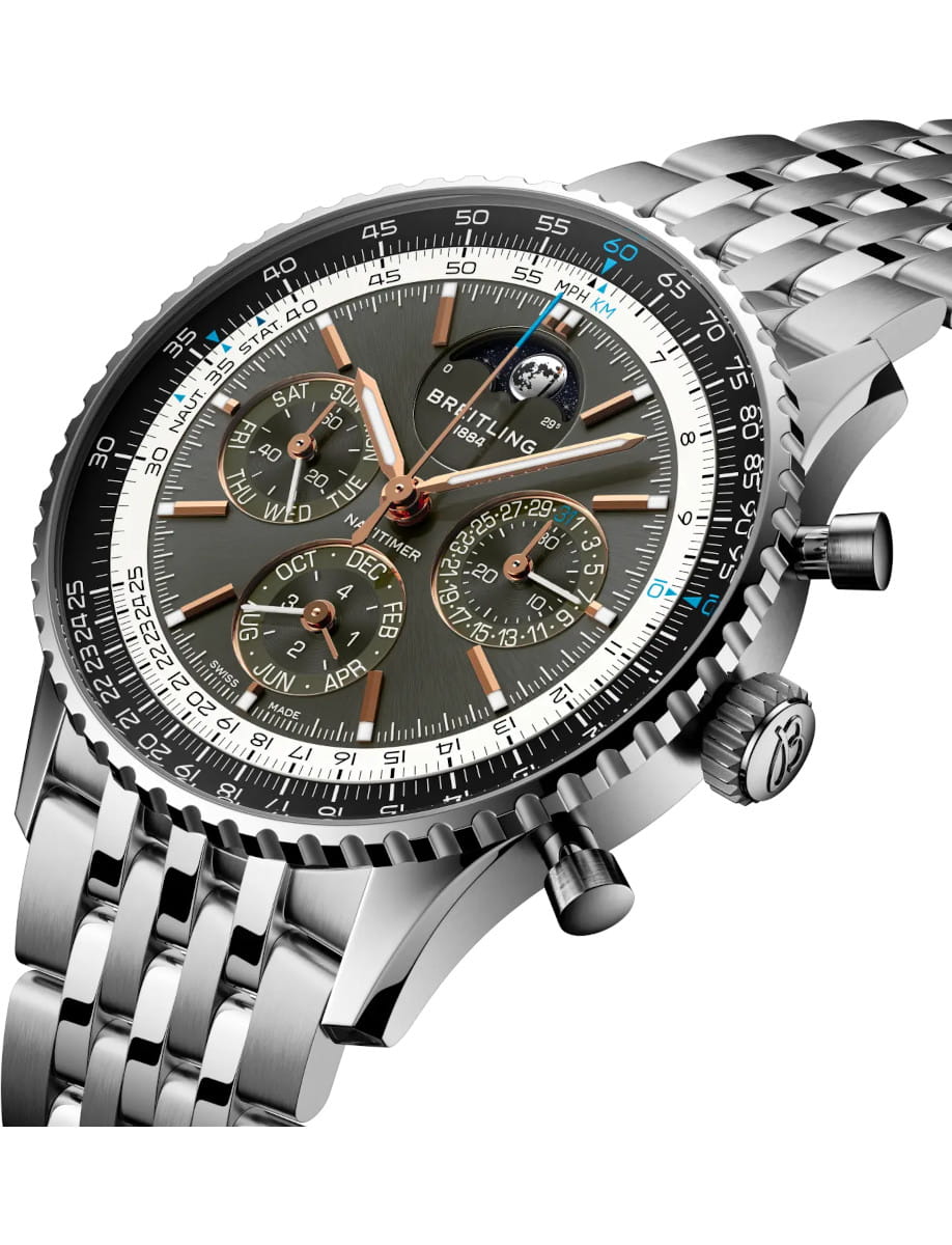 Side view of Breitling Navitimer wristwatch with stainless steel case and bracelet, platinum bezel, and anthracite dial.