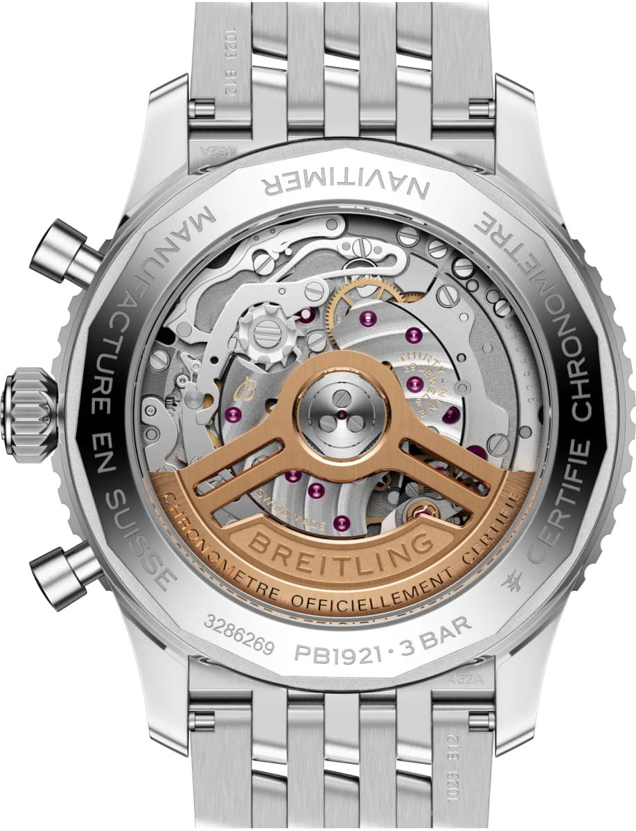 Back view of Breitling Navitimer wristwatch with stainless steel case and bracelet, and open caseback.