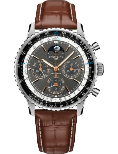 Breitling Navitimer wristwatch with stainless steel and platinum case, anthracite dial, brown alligator leather strap. | Feldmar Watch Co. Breitling Navitimer wristwatch with stainless steel and platinum case, anthracite dial, brown alligator leather strap.