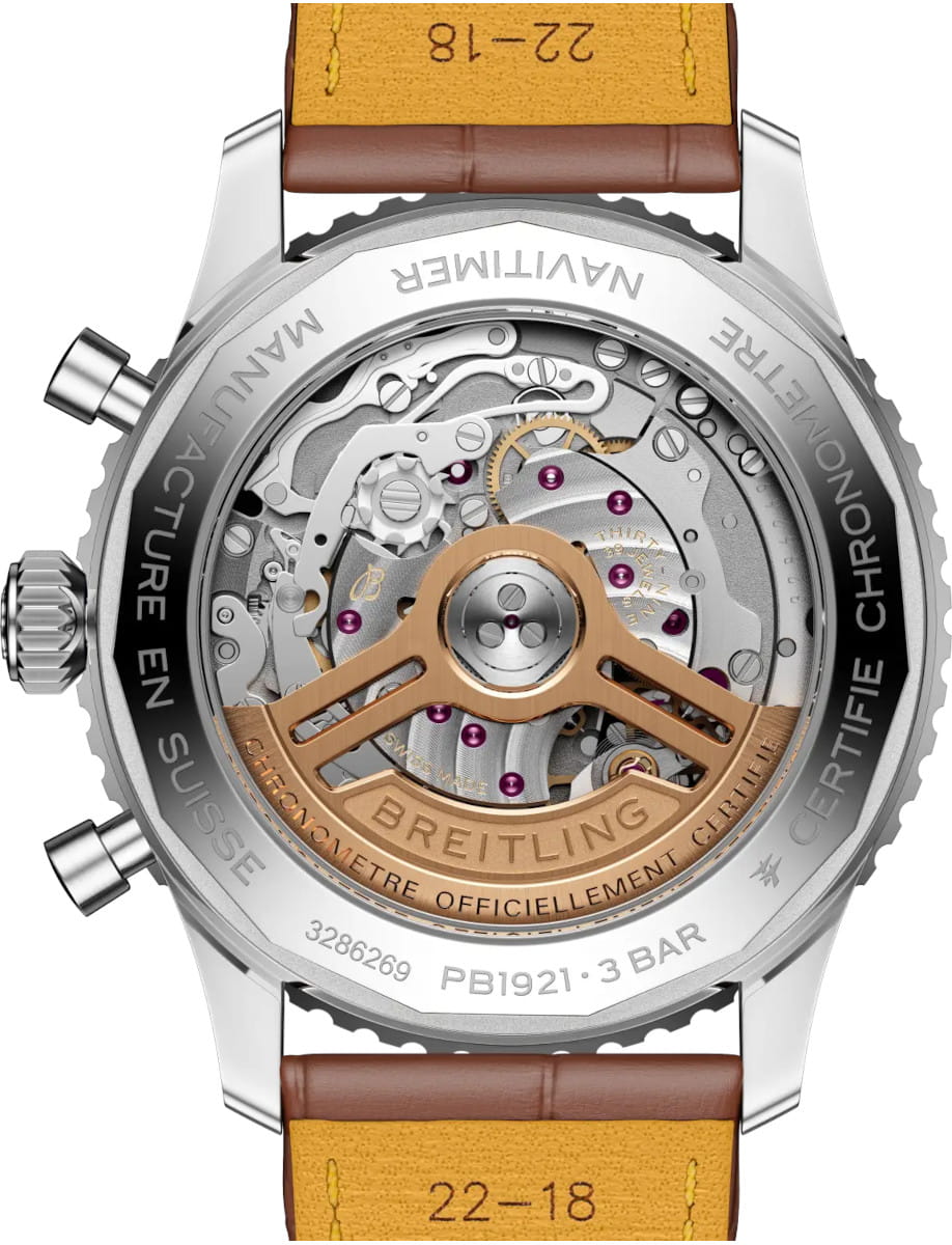 Back view of Breitling Navitimer wristwatch with stainless steel and platinum case, open caseback, brown alligator leather strap.