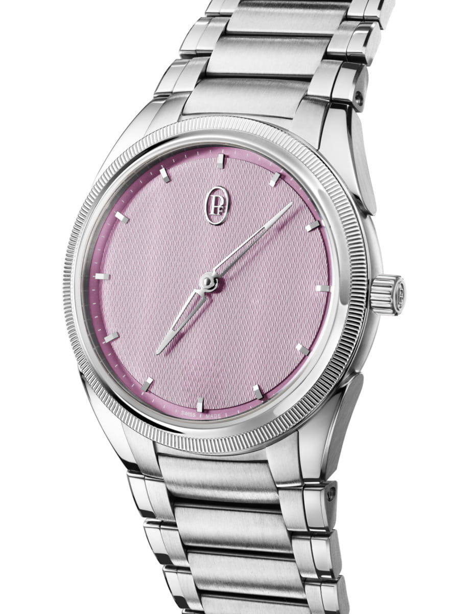 Side view of Parmigiani Fleurier wristwatch with stainless steel case and bracelet, and Alta Rosa dial.