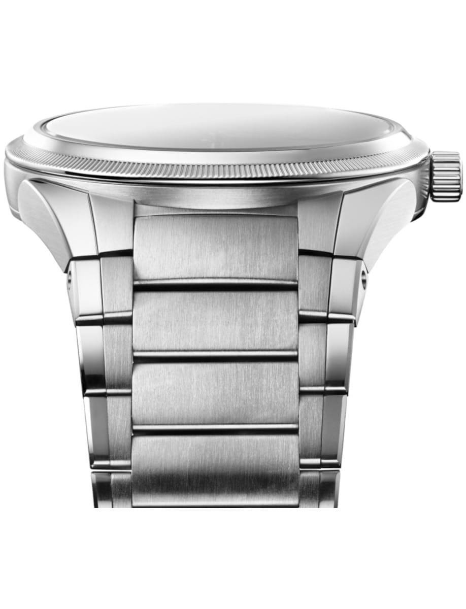 Front side view of Parmigiani Fleurier wristwatch with stainless steel case and bracelet.