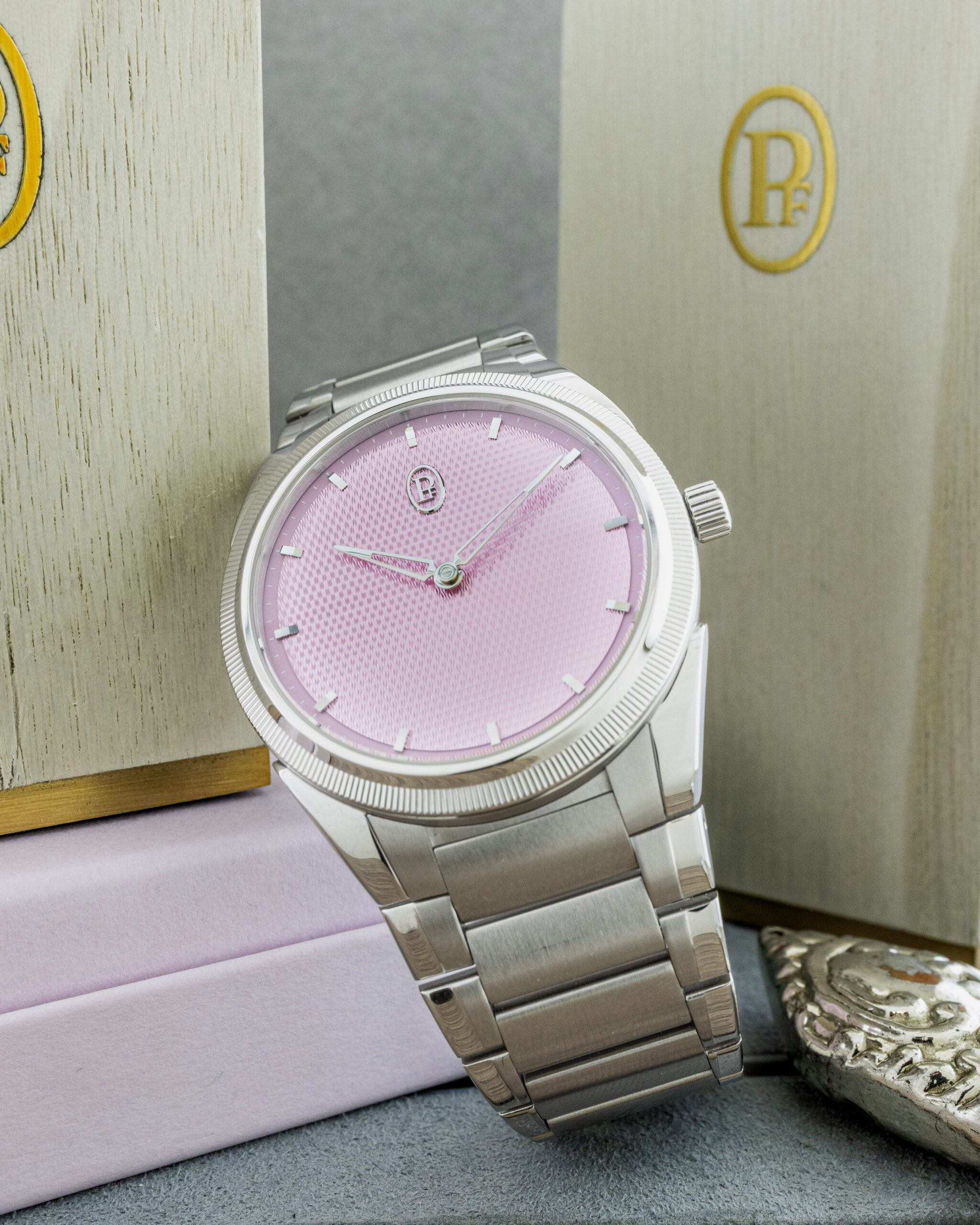 Hotlist image for Parmigiani Fleurier wristwatch with stainless steel case and bracelet, and Alta Rosa dial.