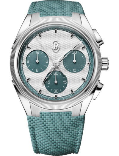 Parmigiani Fleurier wristwatch with stainless steel case, silver and “Verzasca” hue dial, “Verzasca” hue rubber strap. | Feldmar Watch Co. Parmigiani Fleurier wristwatch with stainless steel case, silver and “Verzasca” hue dial, “Verzasca” hue rubber strap.