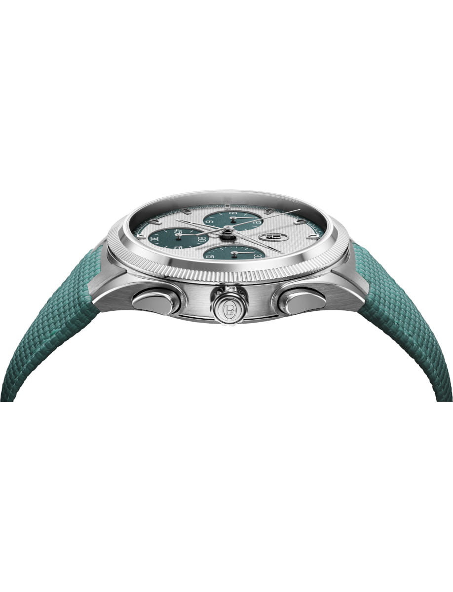 Side view of Parmigiani Fleurier wristwatch with stainless steel case, silver and “Verzasca” hue dial, “Verzasca” hue rubber strap.