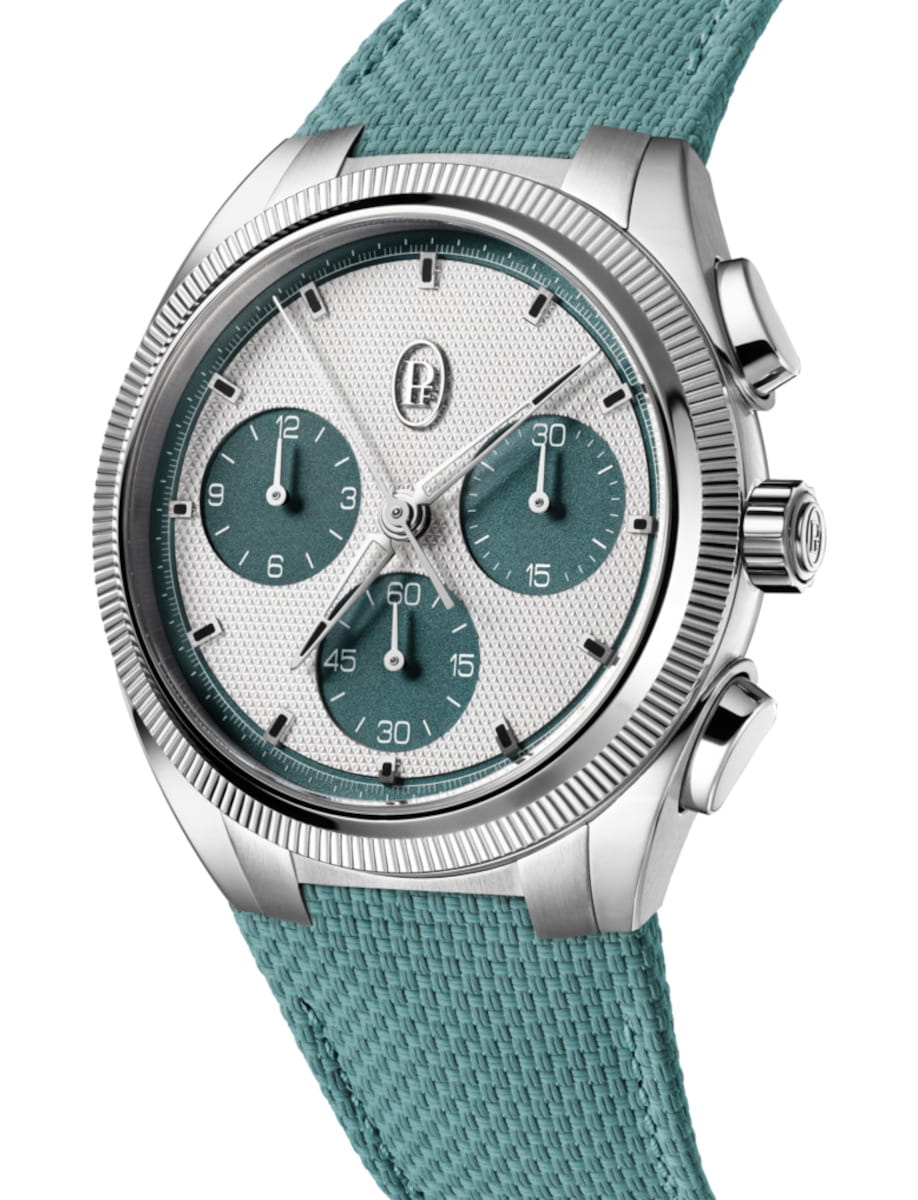 Front side view of Parmigiani Fleurier wristwatch with stainless steel case, silver and “Verzasca” hue dial, “Verzasca” hue rubber strap.