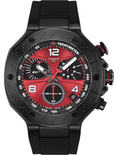 Tissot wristwatch with stainless steel case with black PVD coating, black rubber strap and red dial.