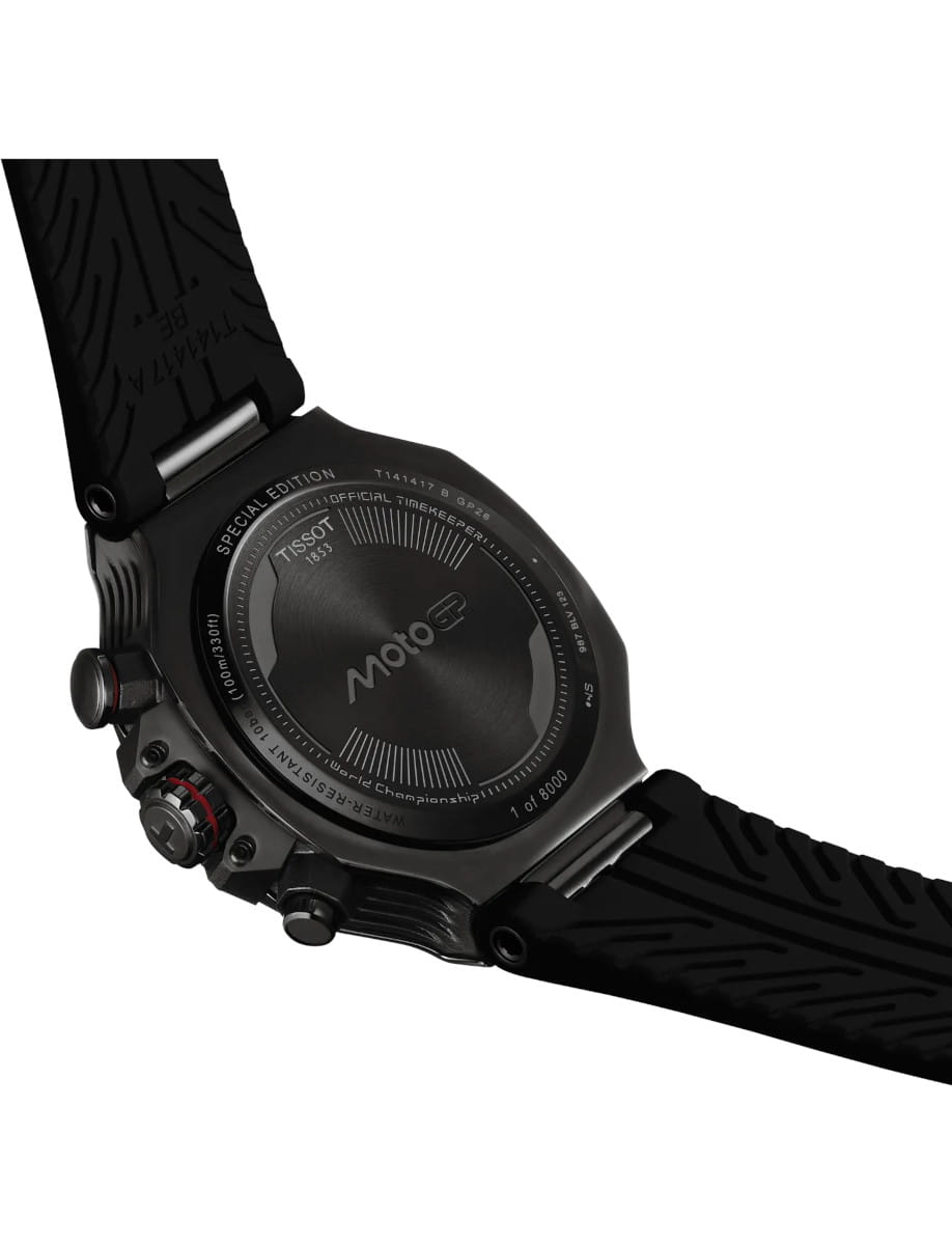 Back view of Tissot wristwatch with stainless steel case with black PVD coating, black rubber strap and solid caseback.