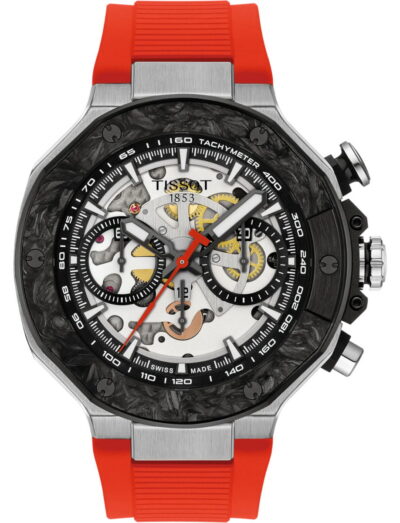 Tissot wristwatch with stainless steel case with black PVD coating, red rubber strap and transparent dial.