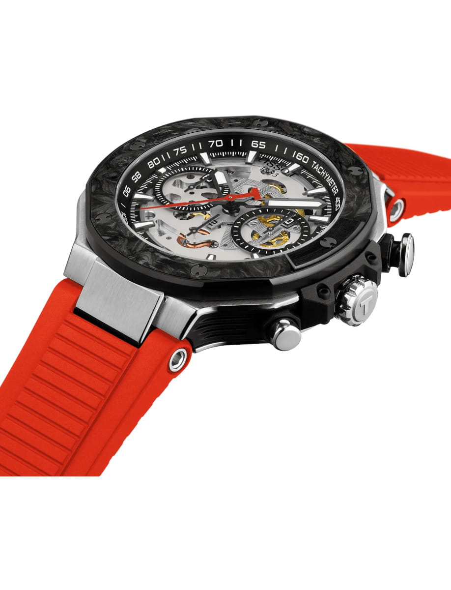 Side view of Tissot wristwatch with stainless steel case with black PVD coating, red rubber strap and transparent dial.