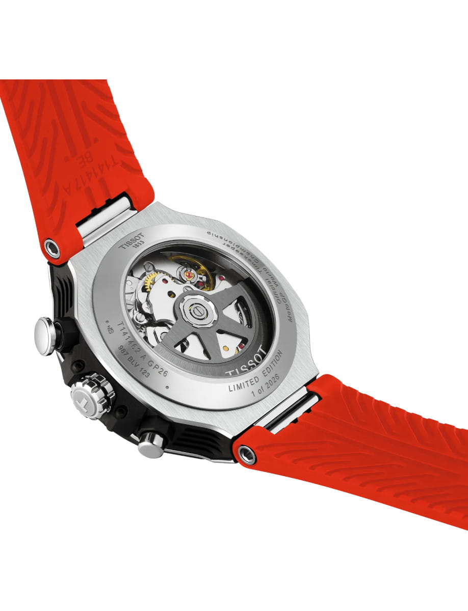 Back view of Tissot wristwatch with stainless steel case with black PVD coating, red rubber strap and transparent caseback.